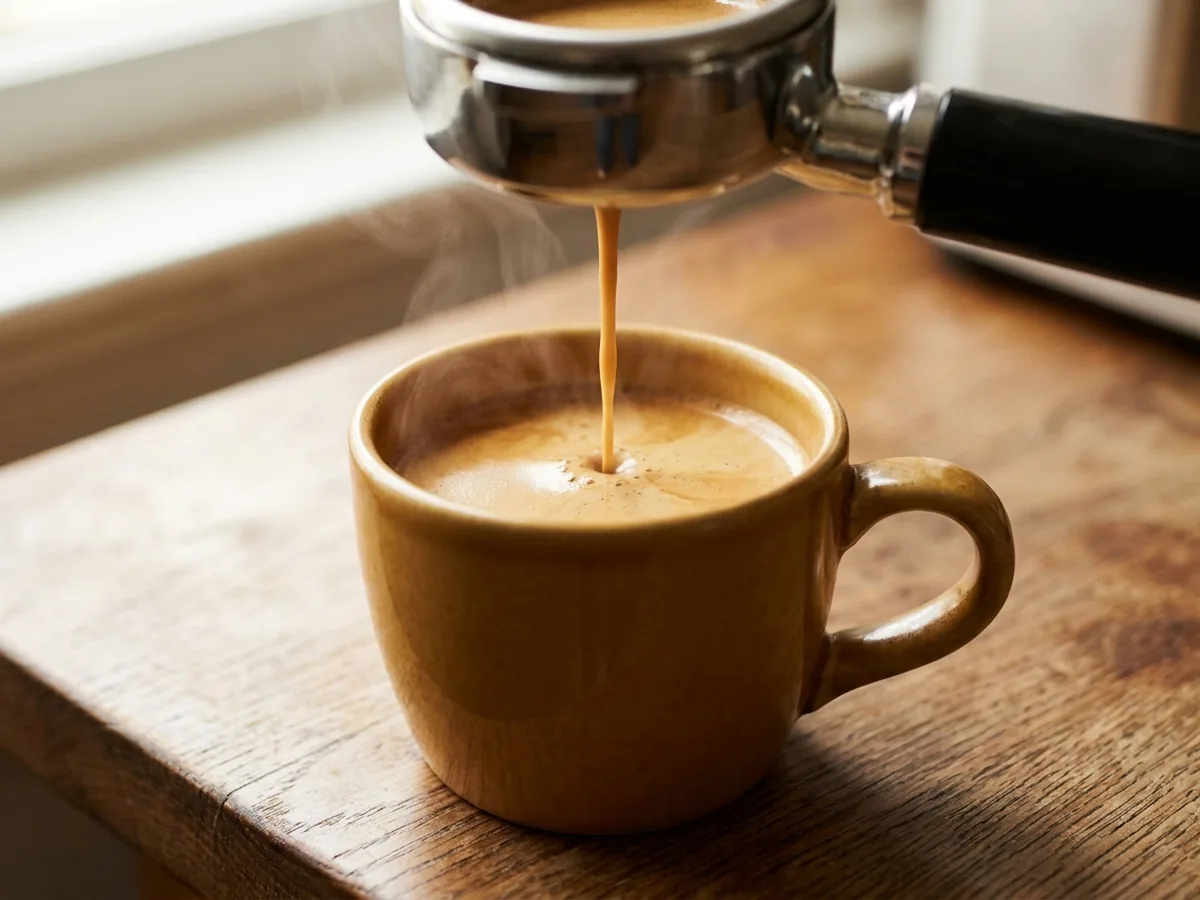 Macro sur le filet de café couleur miel qui s'écoule d'un porte-filtre en inox dans une tasse en grès, la crema noisette se formant à la surface
