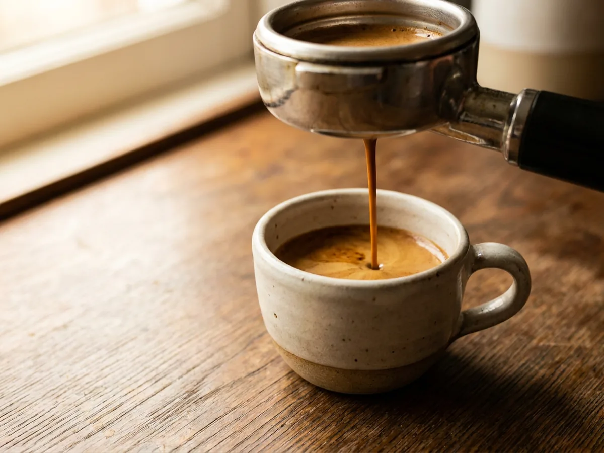Filet de café dense et sombre coulant d'un porte-filtre en inox dans une petite tasse en grès, la crema se formant en surface