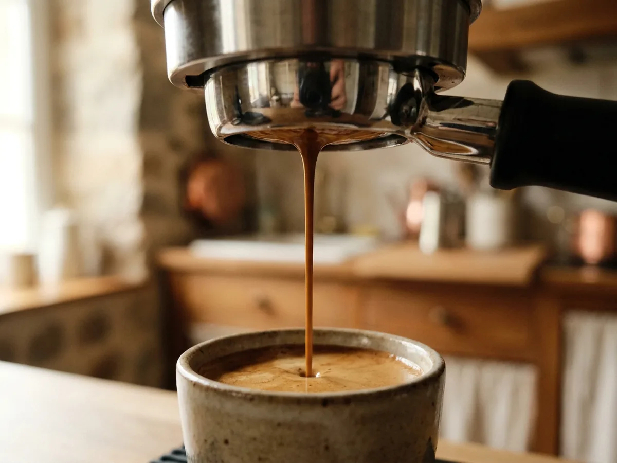 Gros plan sur un porte-filtre en inox d'où coule un filet de café brun sombre dans une petite tasse en grès, crema noisette en surface