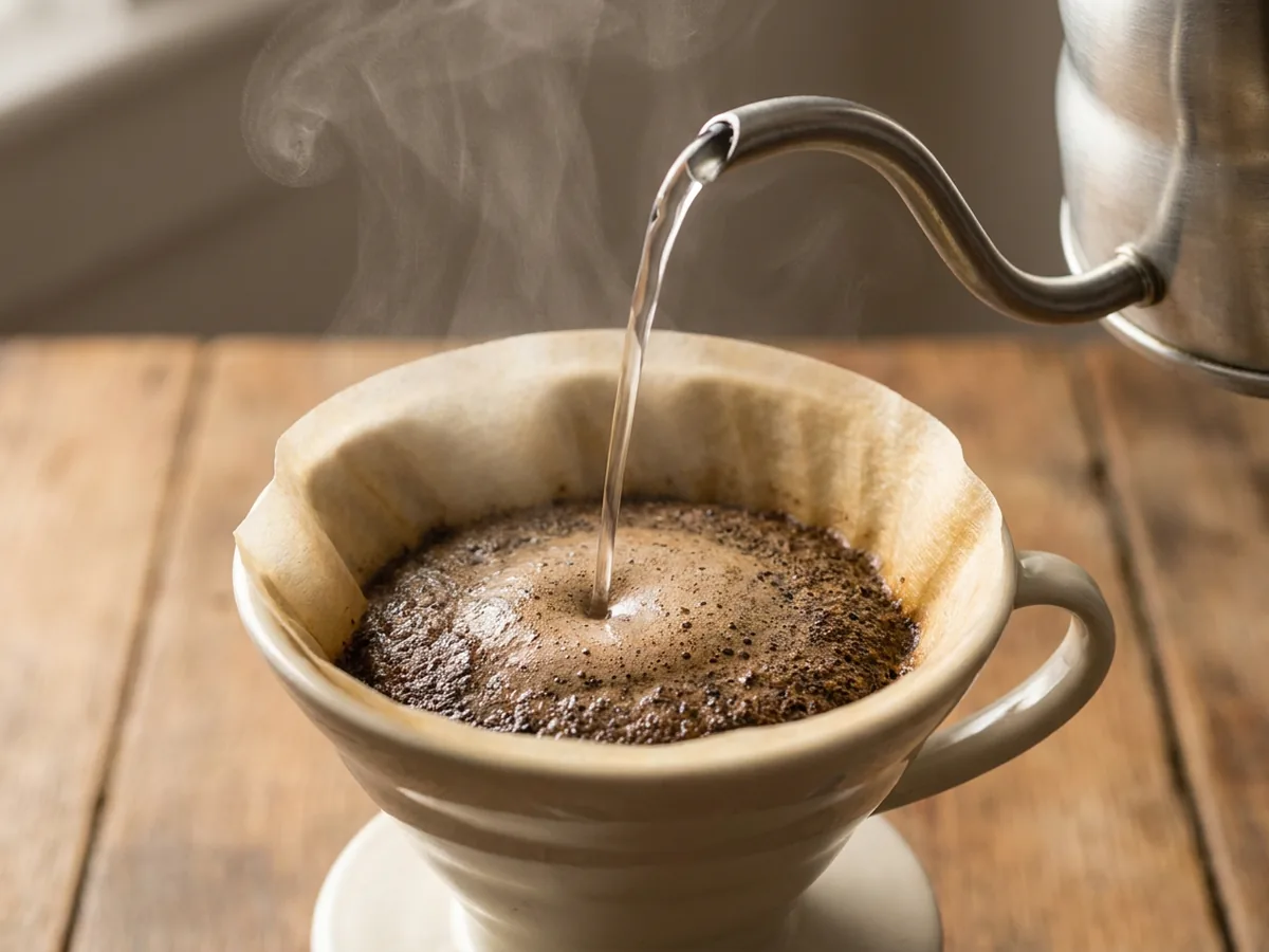 Filet d'eau claire versé d'une bouilloire col de cygne sur une mouture de café qui gonfle dans un cône en grès, vapeur légère
