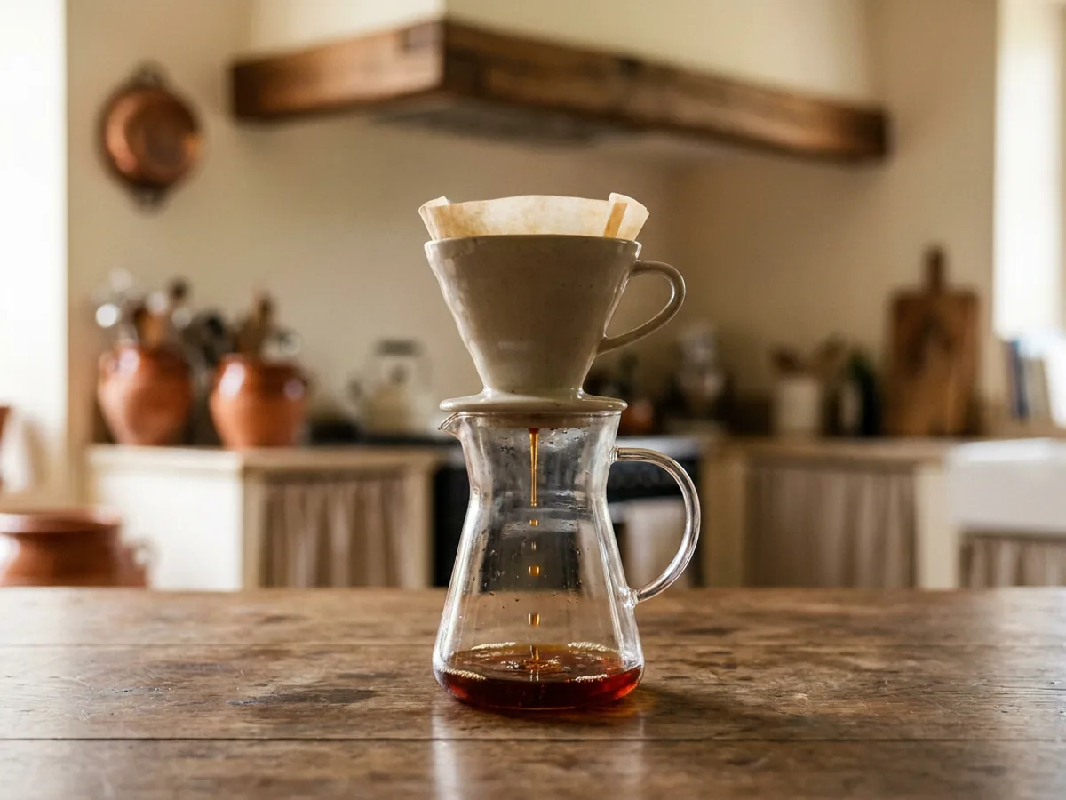 Filtration de cold brew à travers un filtre papier posé dans un entonnoir au dessus d'une carafe
