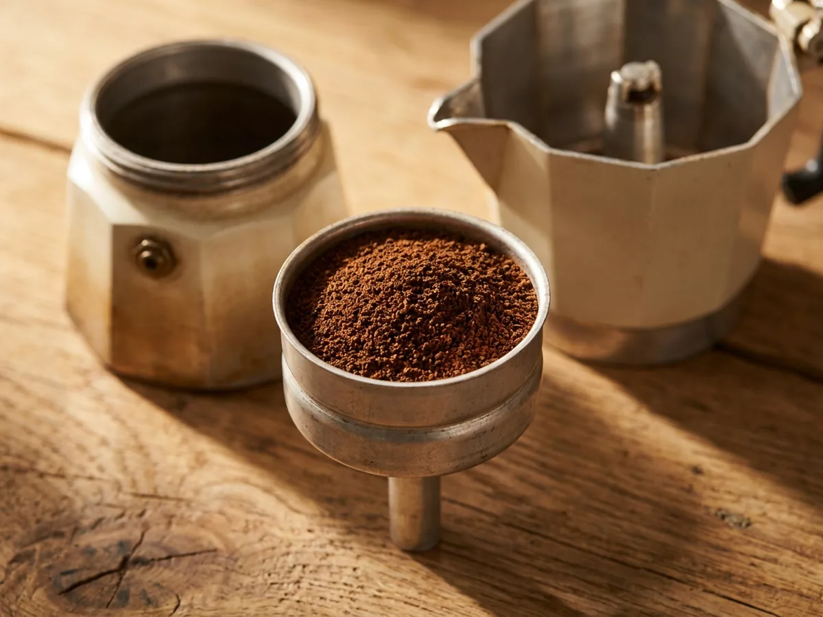 Filtre en entonnoir d'une cafetière italienne rempli de café moulu à ras bord, les trois parties de la moka posées sur une planche en chêne