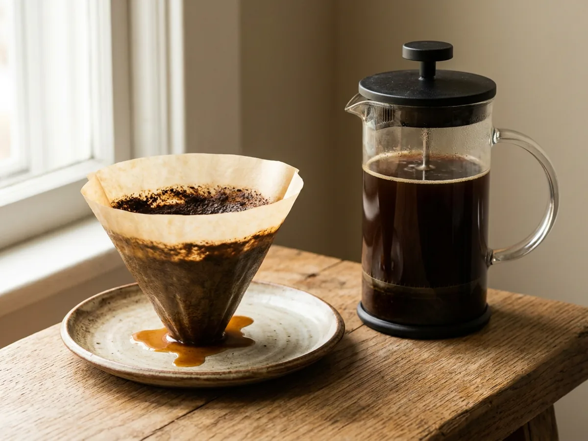 Nature morte comparative sur une planche en chêne patiné, à gauche un filtre en papier conique garni de mouture humide, à droite une cafetière à piston remplie de café sombre