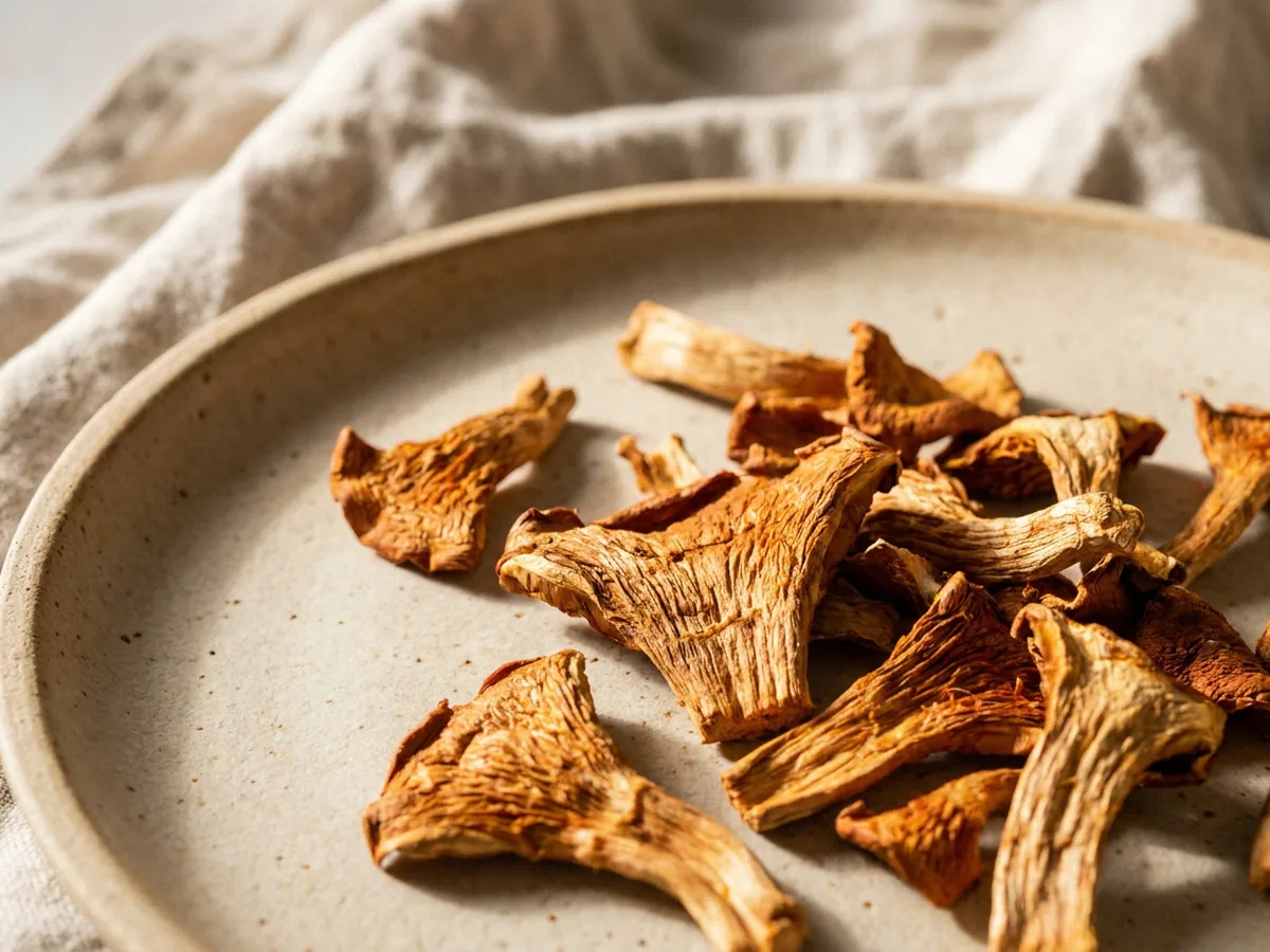 Gros plan sur des fragments de champignon séché de couleur orange brun étalés sur une assiette en grès mat, texture fibreuse visible