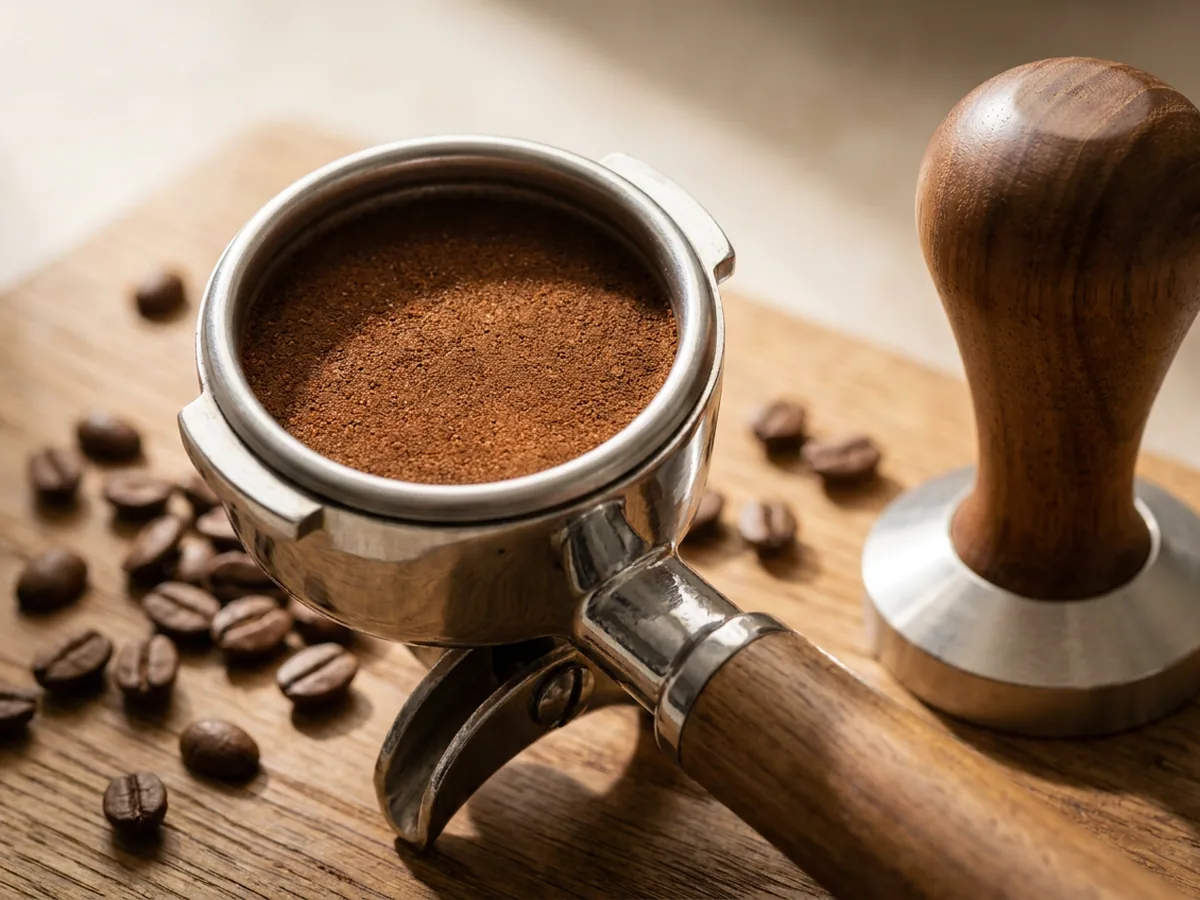 Gros plan macro sur une galette de café moulu fin parfaitement lisse et horizontale dans le panier double d'un porte-filtre