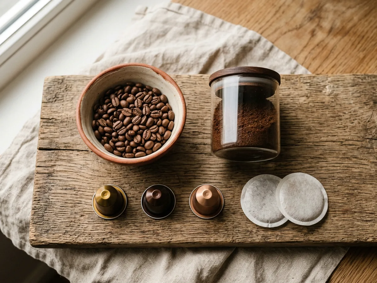 Composition vue de dessus réunissant un bol de café en grain, un bocal de café moulu, trois capsules en aluminium anonymes et deux dosettes souples