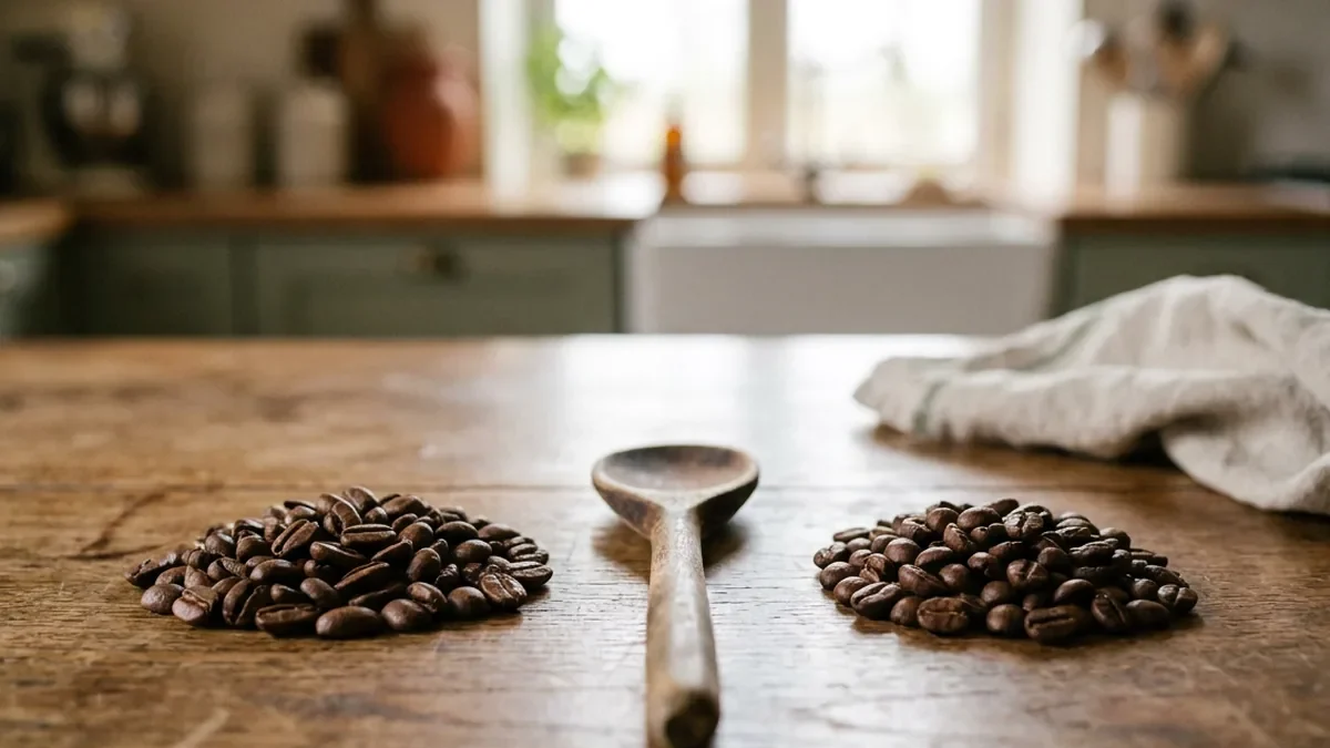 Deux petits tas de grains de café torréfiés côte à côte, l'un aux grains ovales et allongés, l'autre aux grains ronds et courts