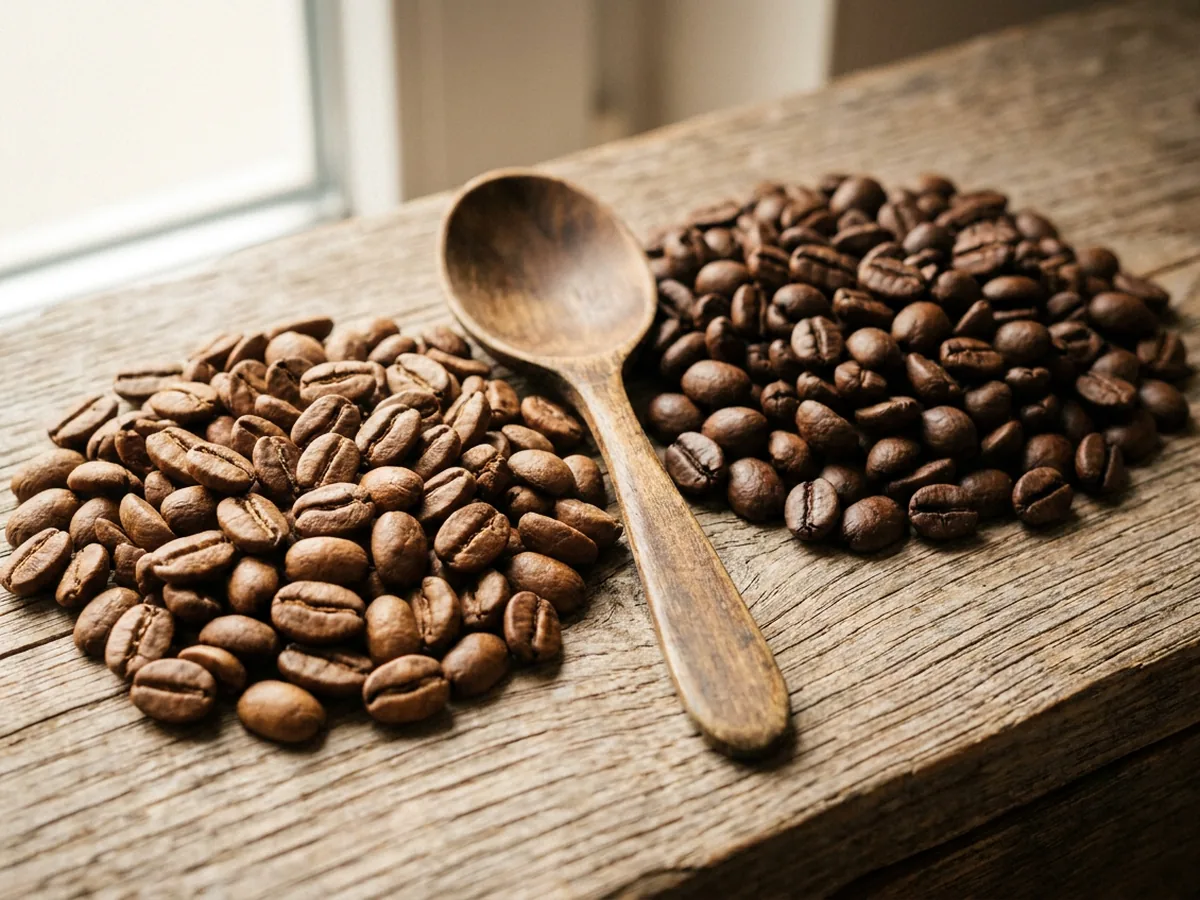 Gros plan macro sur deux tas de grains de café torréfiés côte à côte, l'un aux grains allongés et clairs, l'autre aux grains ronds et foncés