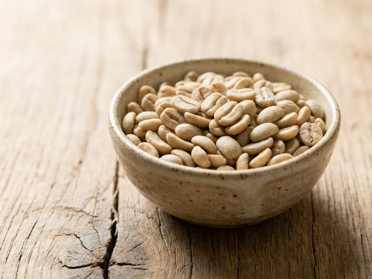 Grains de café à torréfaction claire allongés dans une petite coupelle en grès
