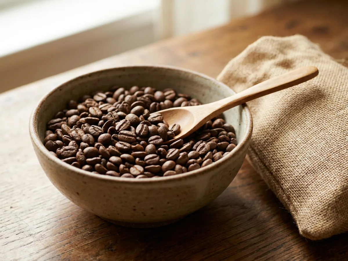 Gros plan sur des grains de café arabica dans un bol en grès posé sur une table en chêne patiné, une cuillère en bois et un sac de jute brut à côté