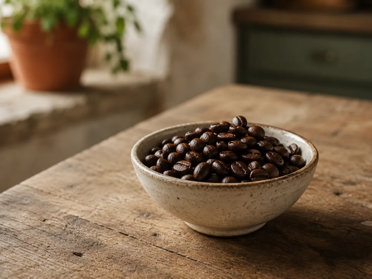 Gros plan de grains de café arabica dans une coupelle en grès