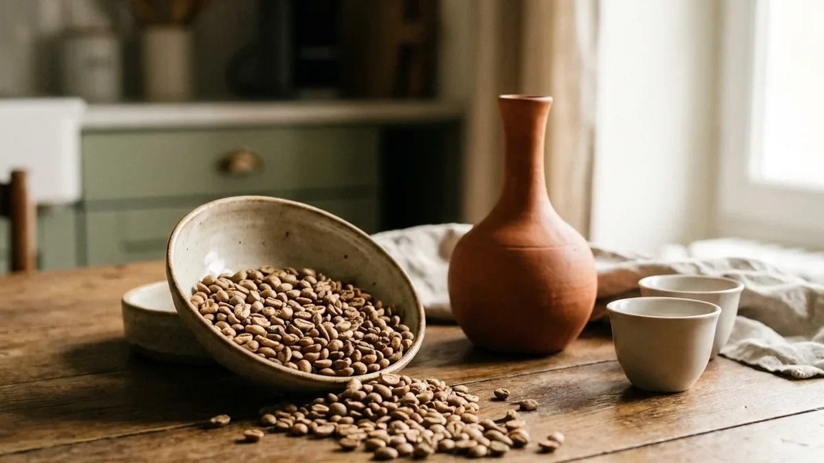 Grains de café torréfiés clairs débordant d'un bol en grès artisanal, à côté d'un pichet en terre cuite de type jebena et de deux petites tasses sans anse