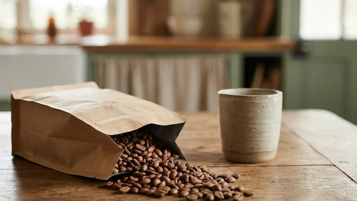 Grains de café brun noisette mats et secs débordant d'un sachet kraft ouvert muni d'une valve, posés sur une table en chêne patiné