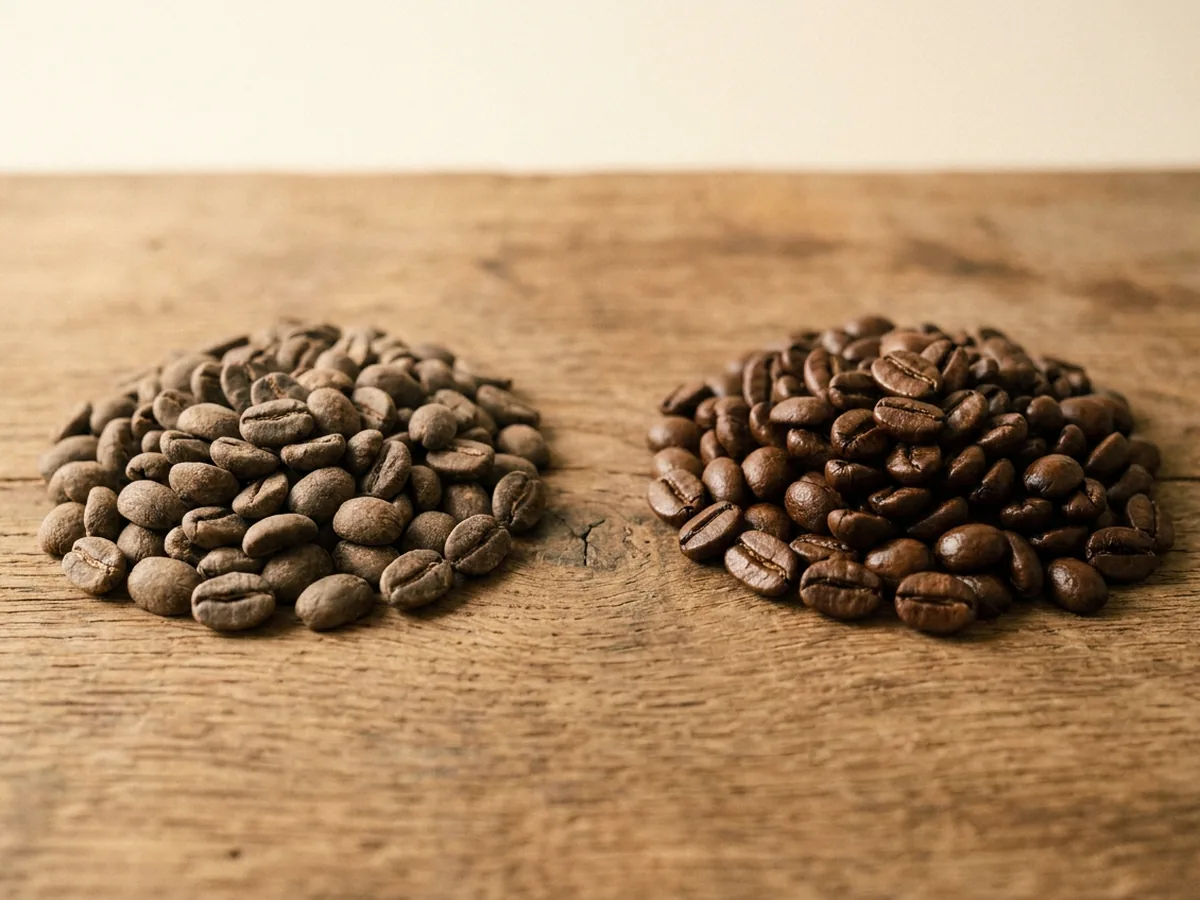 Comparaison entre des grains de café ternes et secs et des grains brillants et frais