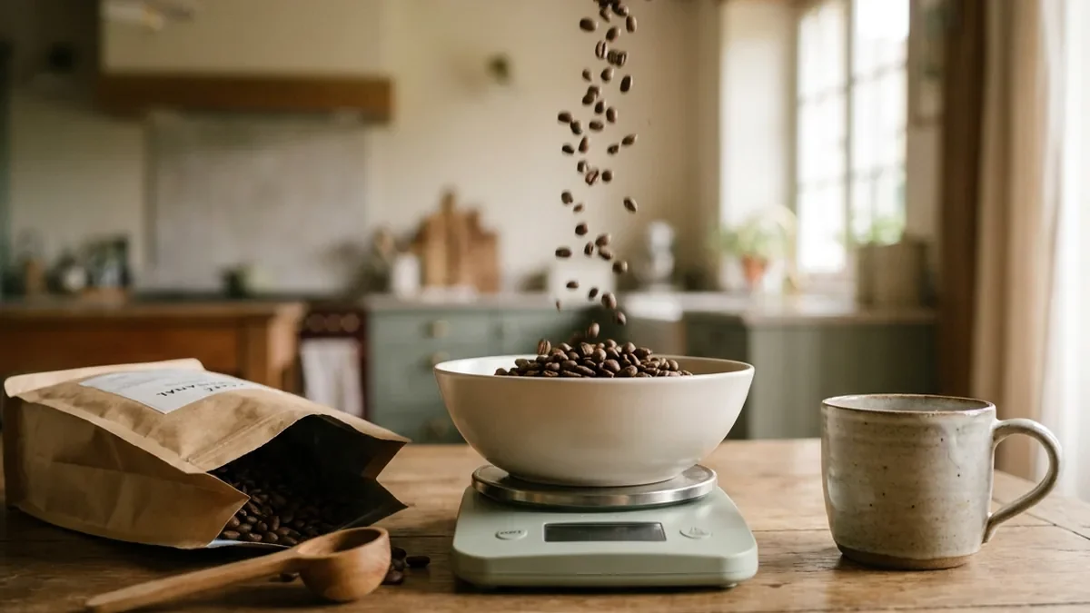 Grains de café versés dans le bol d'une petite balance de cuisine numérique posée sur une table en chêne, paquet de café ouvert et tasse en grès à côté