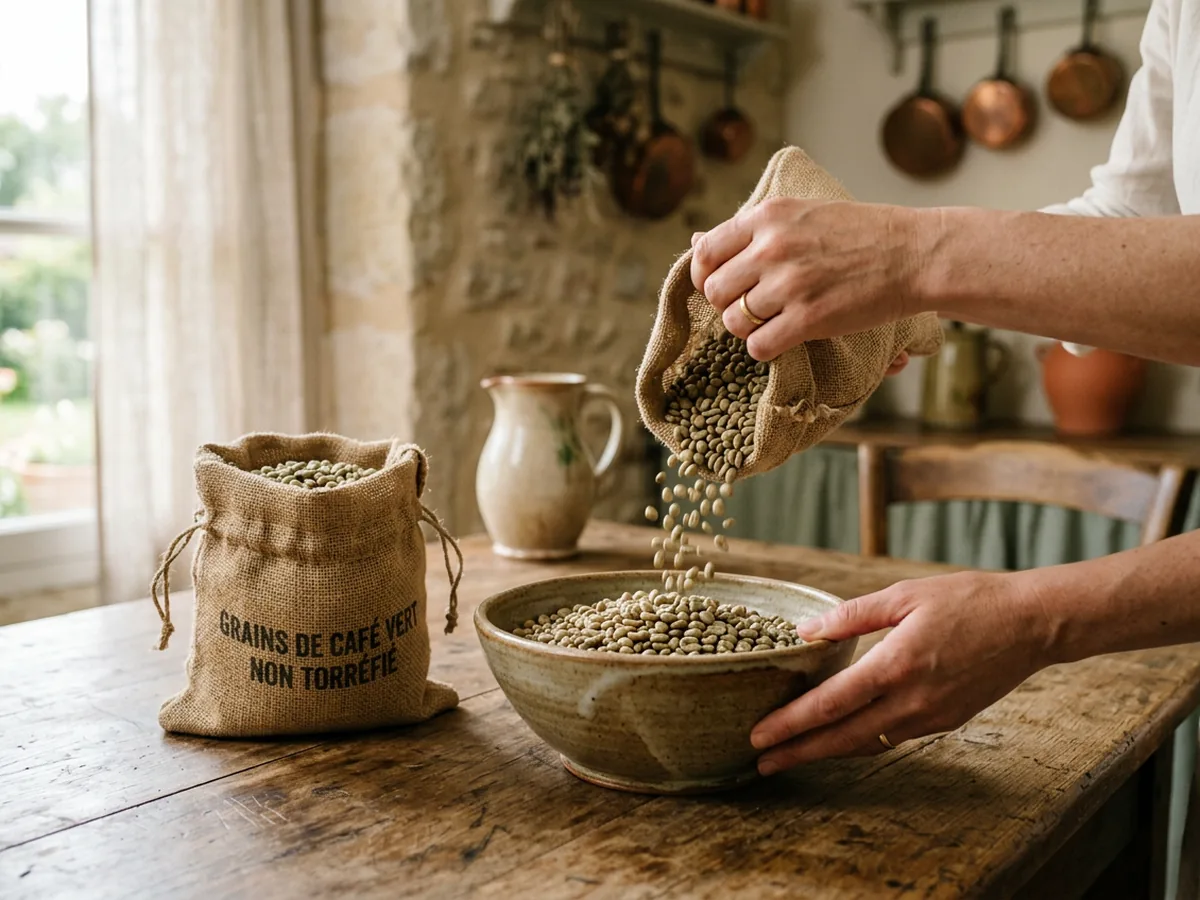 Une main verse des grains de café vert non torréfié dans un bol en grès
