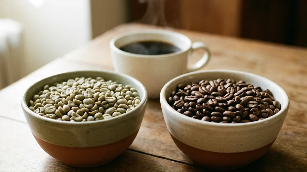 Deux coupelles en grès artisanal côte à côte, l'une remplie de grains de café verts non torréfiés, l'autre de grains bruns torréfiés, une tasse de café à l'arrière-plan