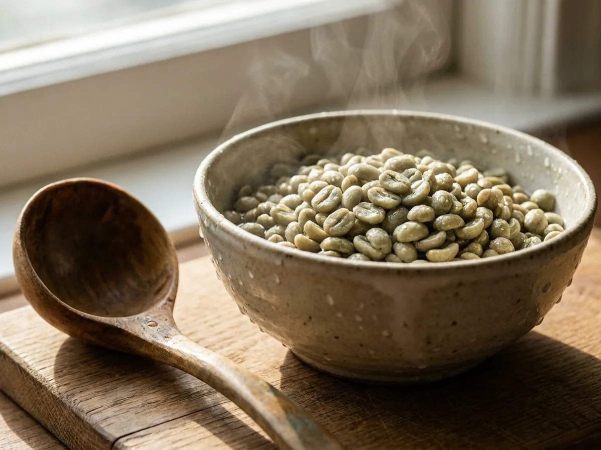 Gros plan sur des grains de café verts gonflés d'eau dans un bol en grès artisanal, gouttes et vapeur légère, une louche en bois à côté