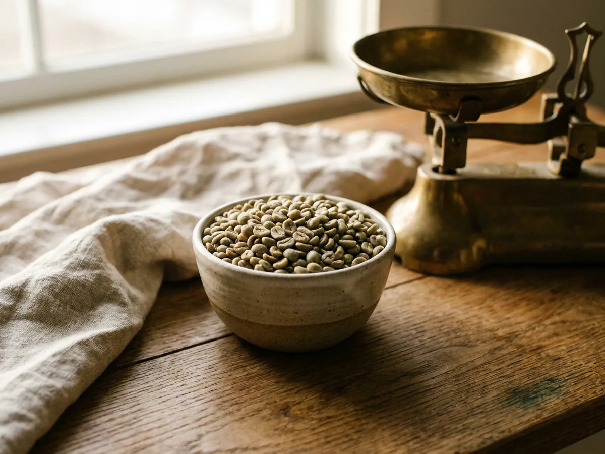 Grains de café verts non torréfiés débordant d'un bol en grès, posés à côté d'une balance de cuisine ancienne en laiton et d'un torchon en lin