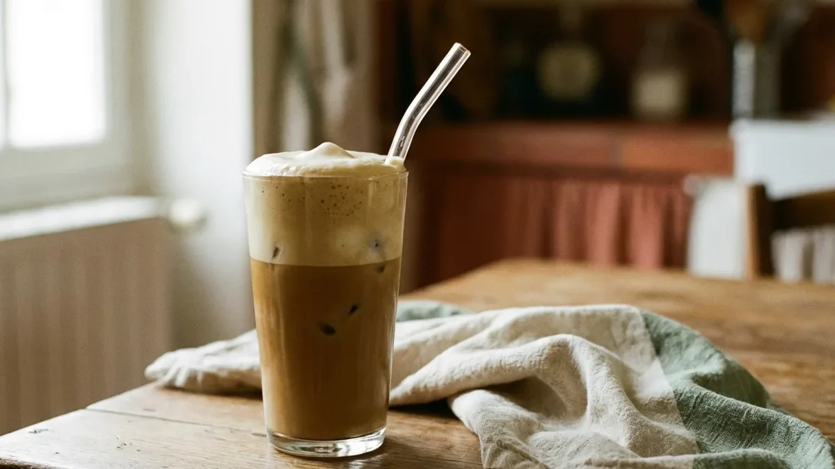 Grand verre haut de café frappé grec sur une table en chêne patiné, épaisse mousse beige clair en surface, glaçons visibles à travers le verre