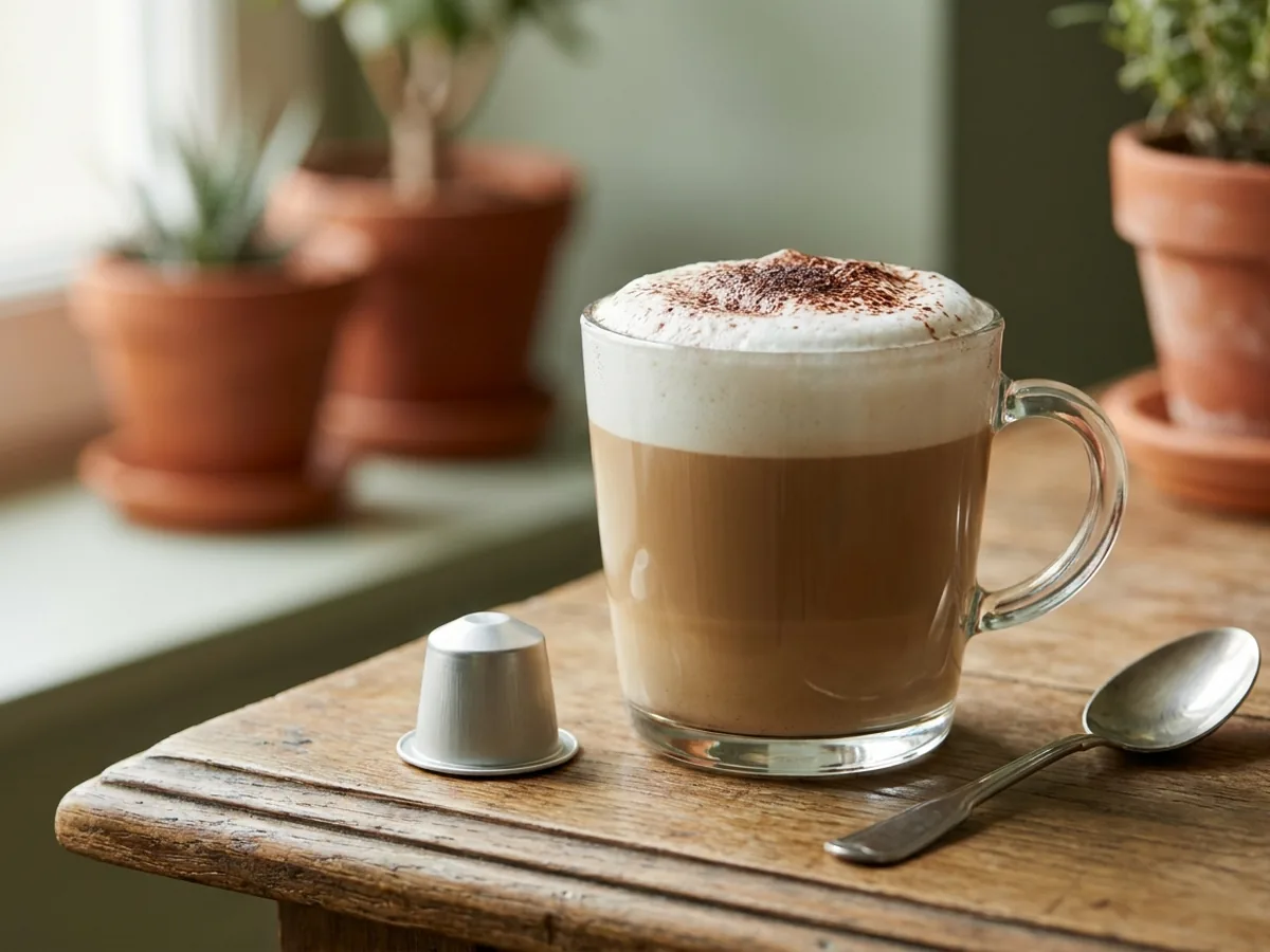 Grand verre de cappuccino à la mousse de lait dense posé sur une table en chêne patiné, à côté d'une capsule rigide et d'une cuillère en inox