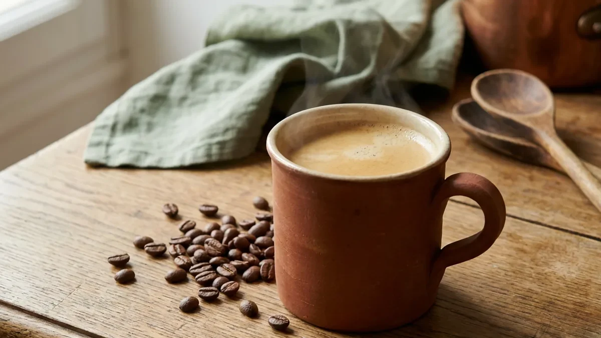 Grande tasse en grès artisanal remplie d'un café long fumant, la mousse fine encore visible en surface, posée sur une table en chêne patiné