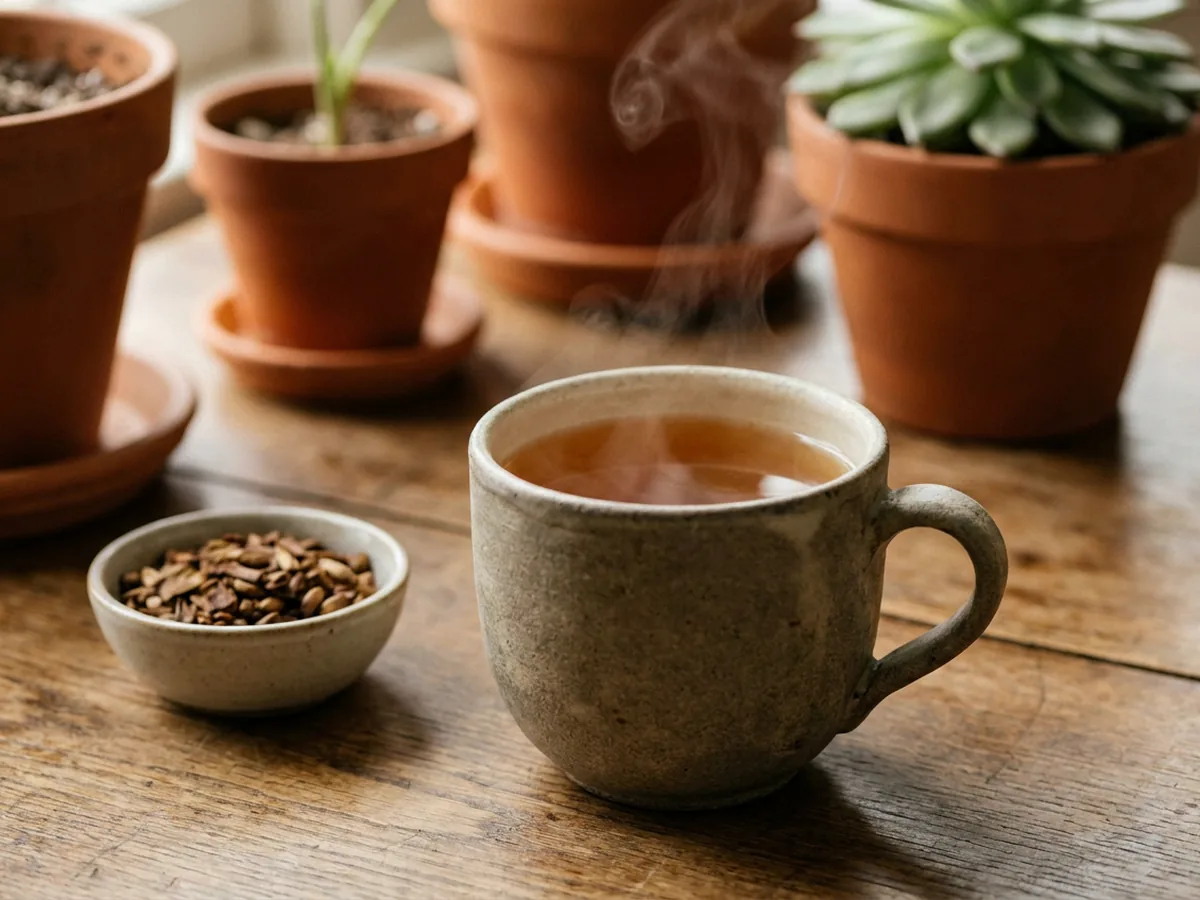 Mug en grès artisanal rempli d'une infusion ambrée fumante à côté d'une petite coupelle de chicorée torréfiée sur une table en chêne patiné