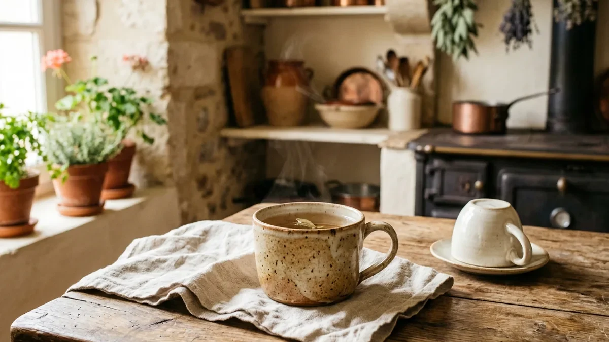 Tasse en grès artisanal remplie d'une infusion brune claire à côté d'une tasse à café retournée sur une table en chêne patiné