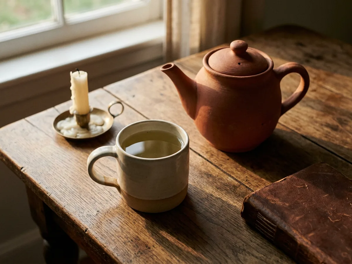 Infusion claire dans une tasse en grès artisanal à côté d'une théière en terre cuite sur une table en chêne, lumière très douce de fin de soirée