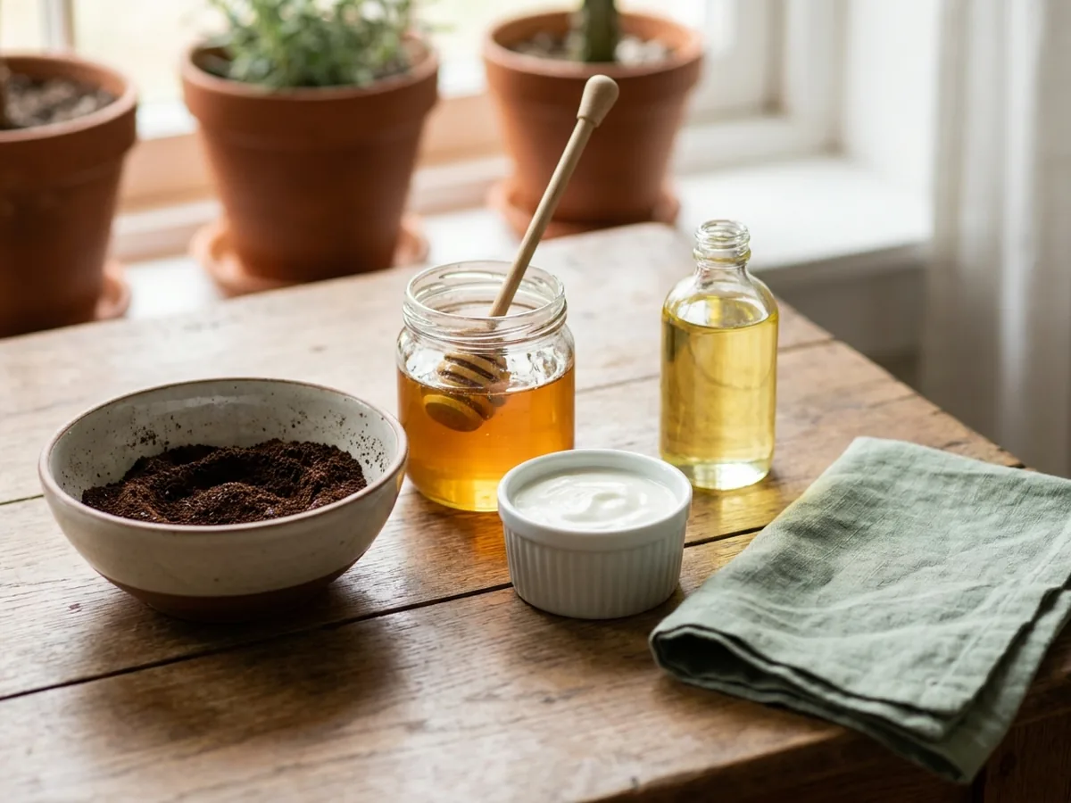 Composition à plat d'un bol de marc de café, d'un pot de miel liquide, d'un ramequin de yaourt nature et d'une bouteille d'huile végétale sur une table en chêne