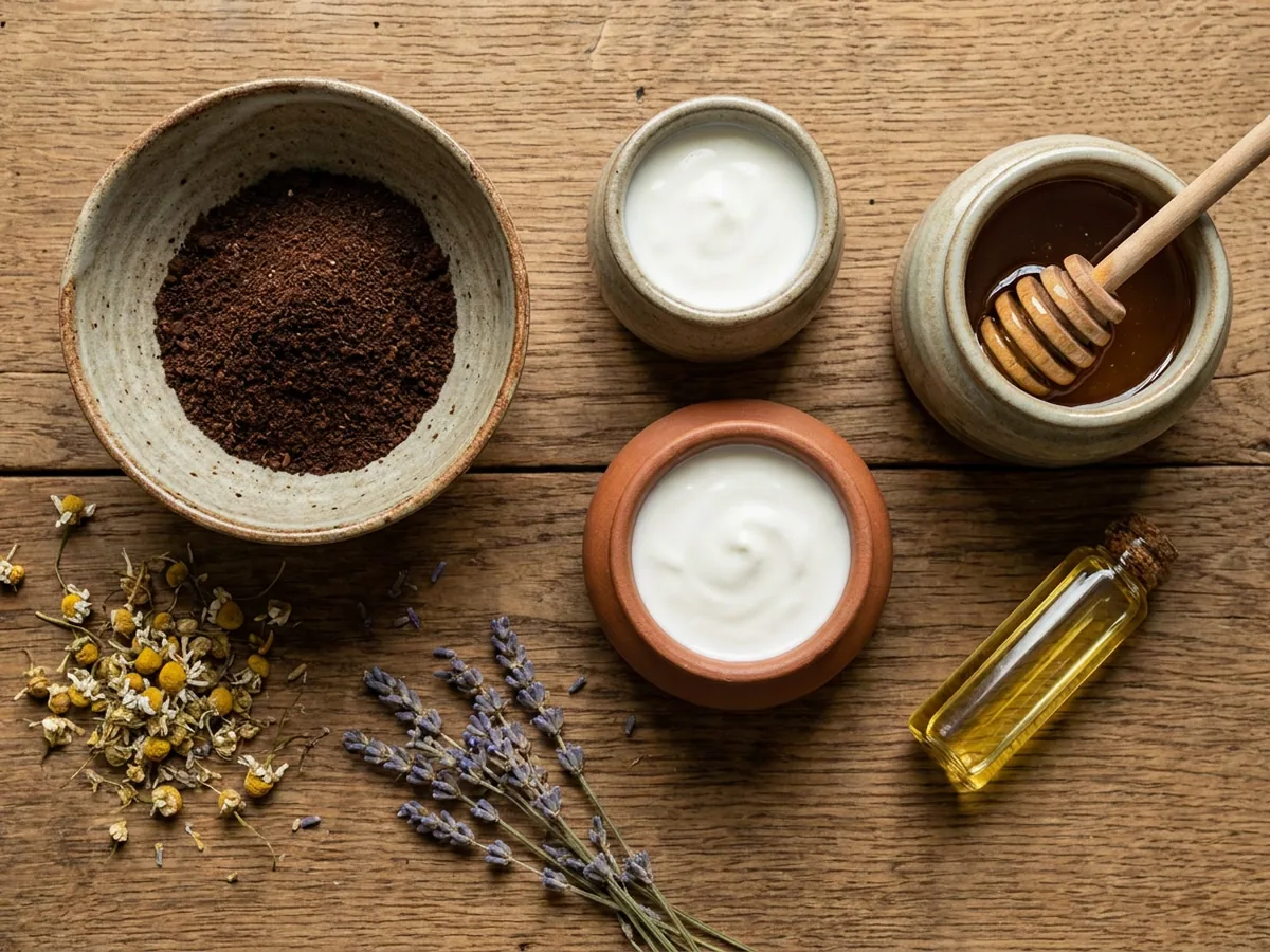 Vue de dessus des ingrédients d'un soin maison, une coupelle de marc de café, un pot de yaourt nature, un pot de miel et une fiole d'huile végétale