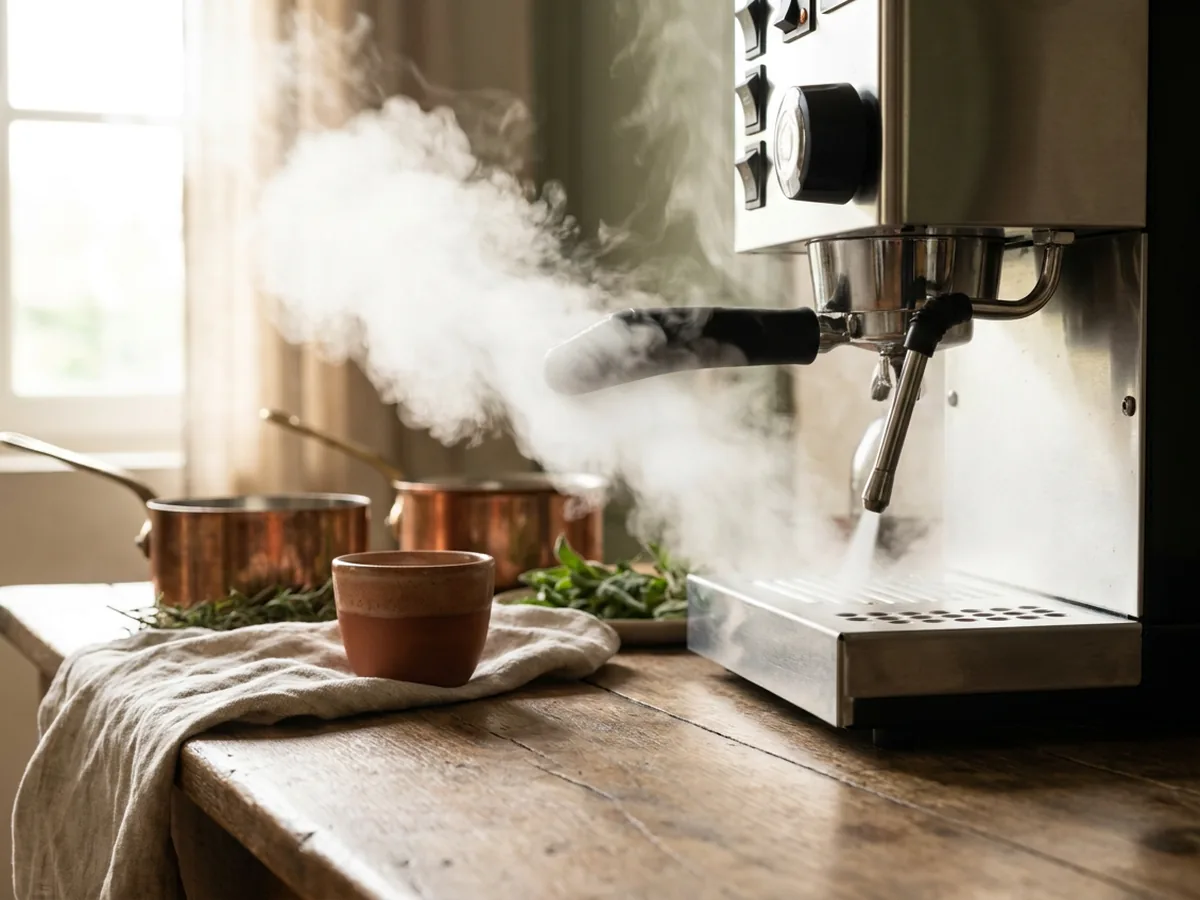 Jet de vapeur blanche sortant d'une buse abaissée au-dessus du bac d'égouttage d'une machine expresso