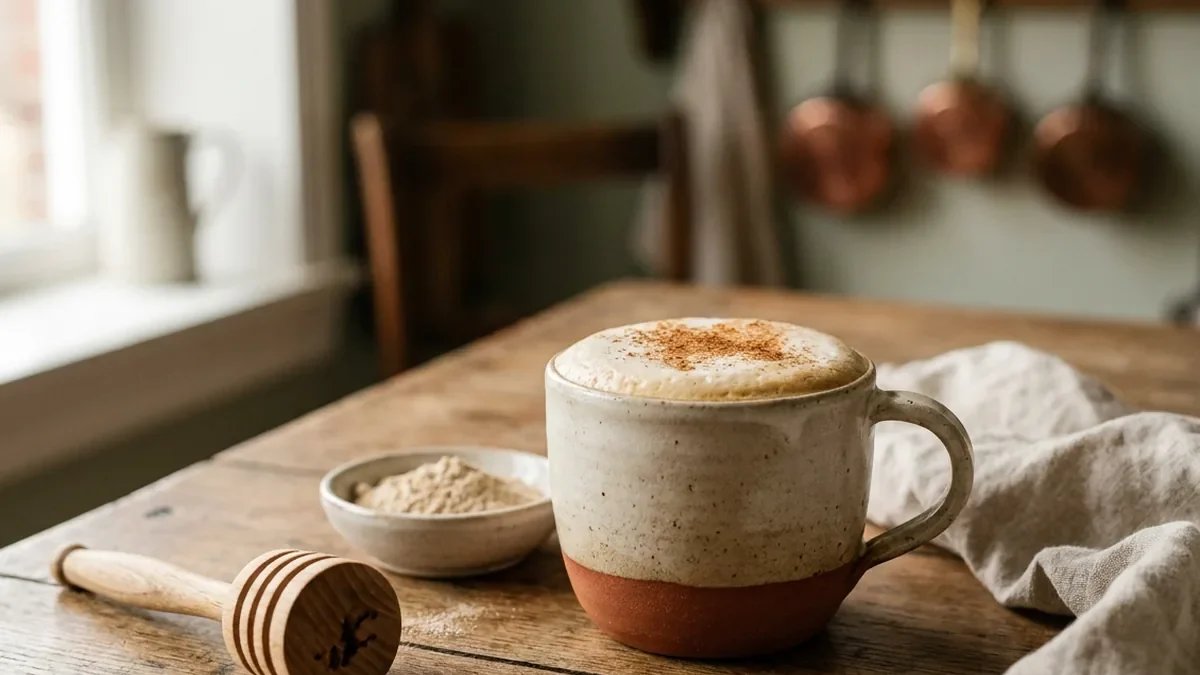 Tasse en grès artisanal remplie d'un latte au café beige mousseux saupoudré de cannelle, posée à côté d'un petit bol de poudre de champignon et d'un fouet à lait
