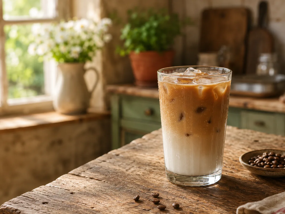 Latte glacé dans un grand verre avec des glaçons