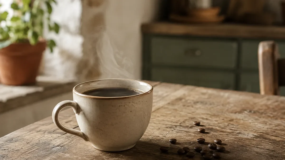Tasse de café noir fumante sur une table en bois avec des grains de café