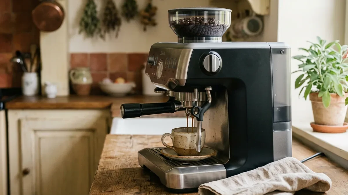 Machine à café à grain domestique posée sur un plan de travail en chêne patiné, un expresso coulant dans une tasse en grès artisanal, bac à grains rempli