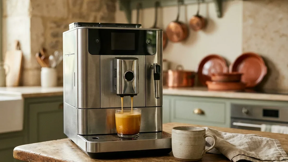 Machine à café à grain automatique en inox posée sur un plan de travail en chêne, une tasse en grès se remplit d'un espresso