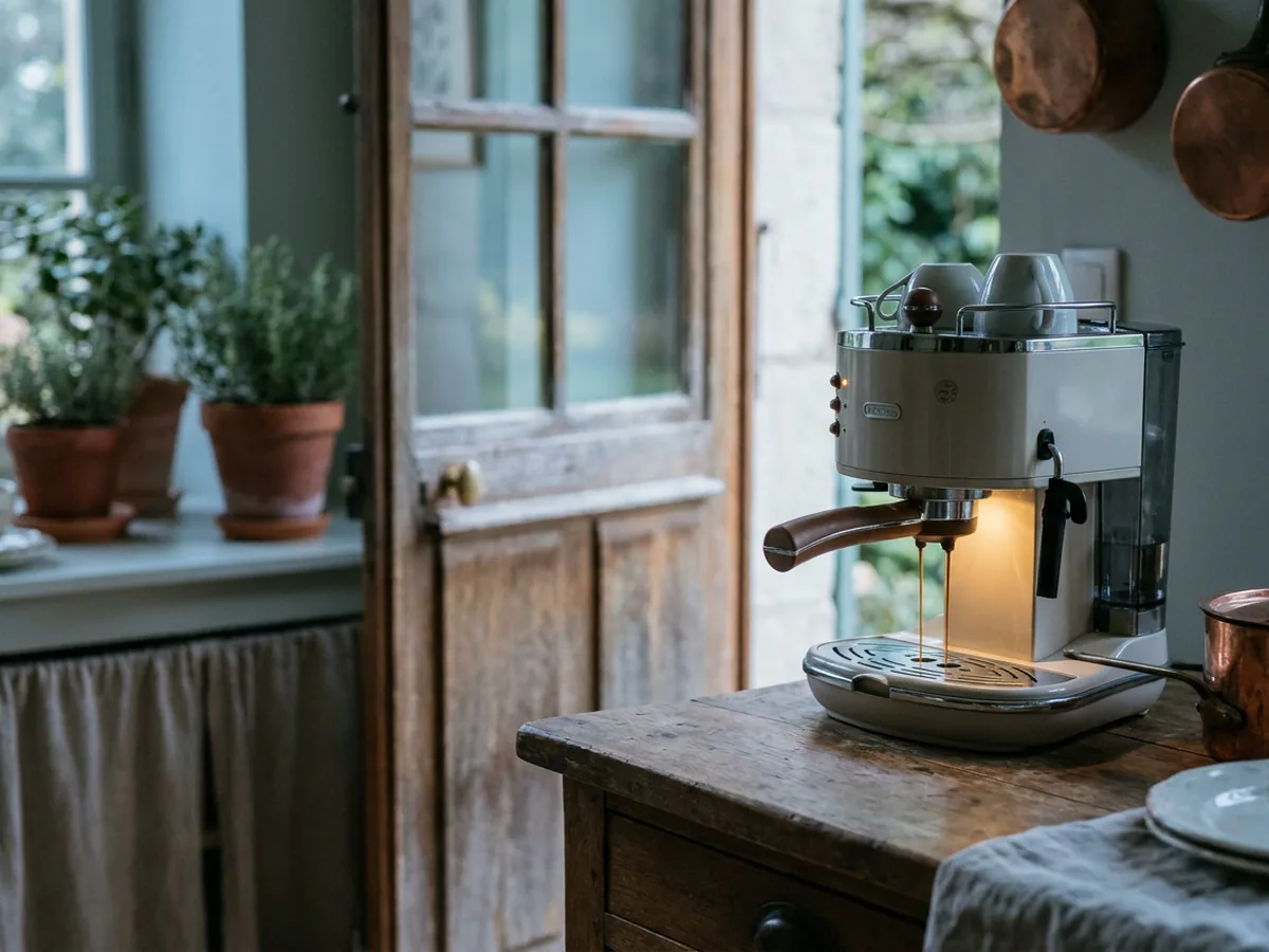 Cuisine de campagne au petit matin, machine à café à grain allumée sur le plan de travail