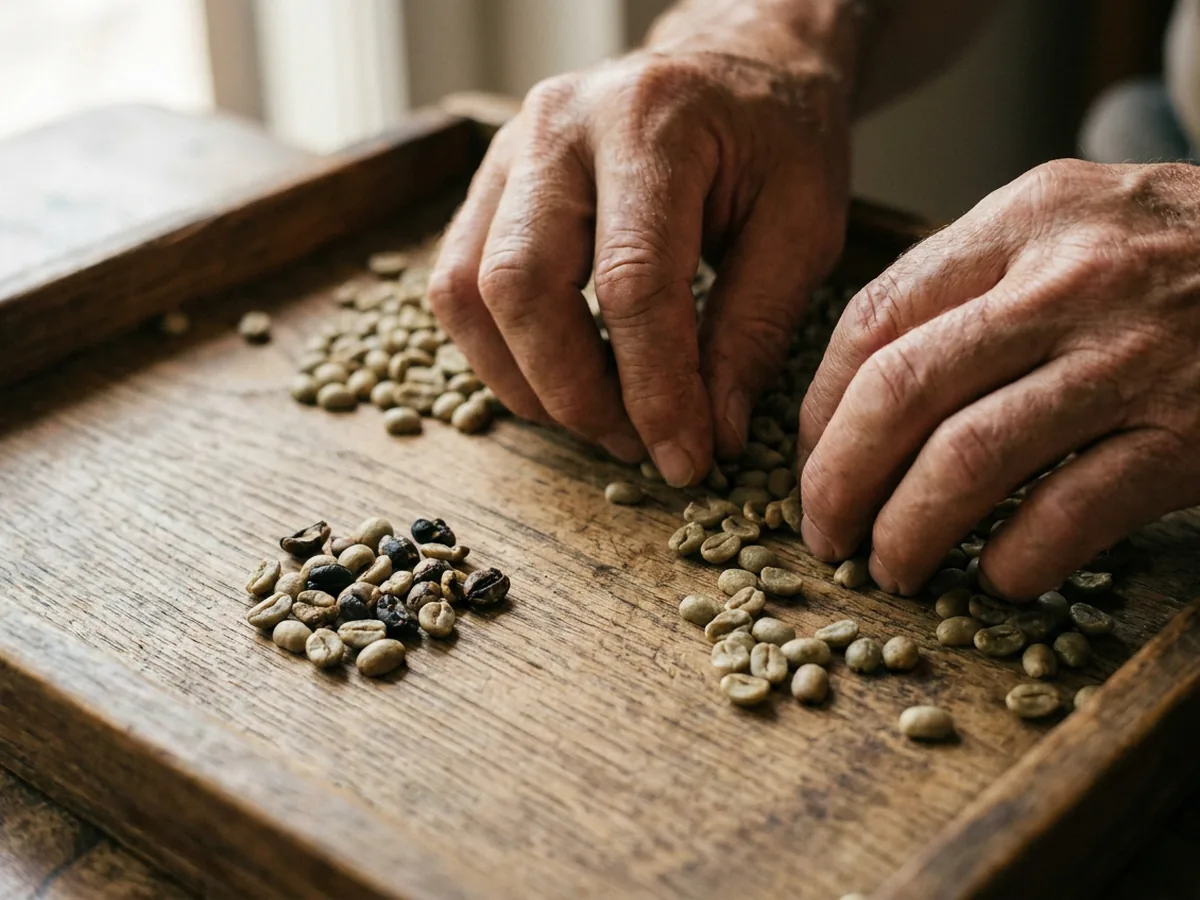 Gros plan sur des mains qui trient des grains de café vert étalés sur un plateau en bois, quelques grains défectueux mis à l'écart