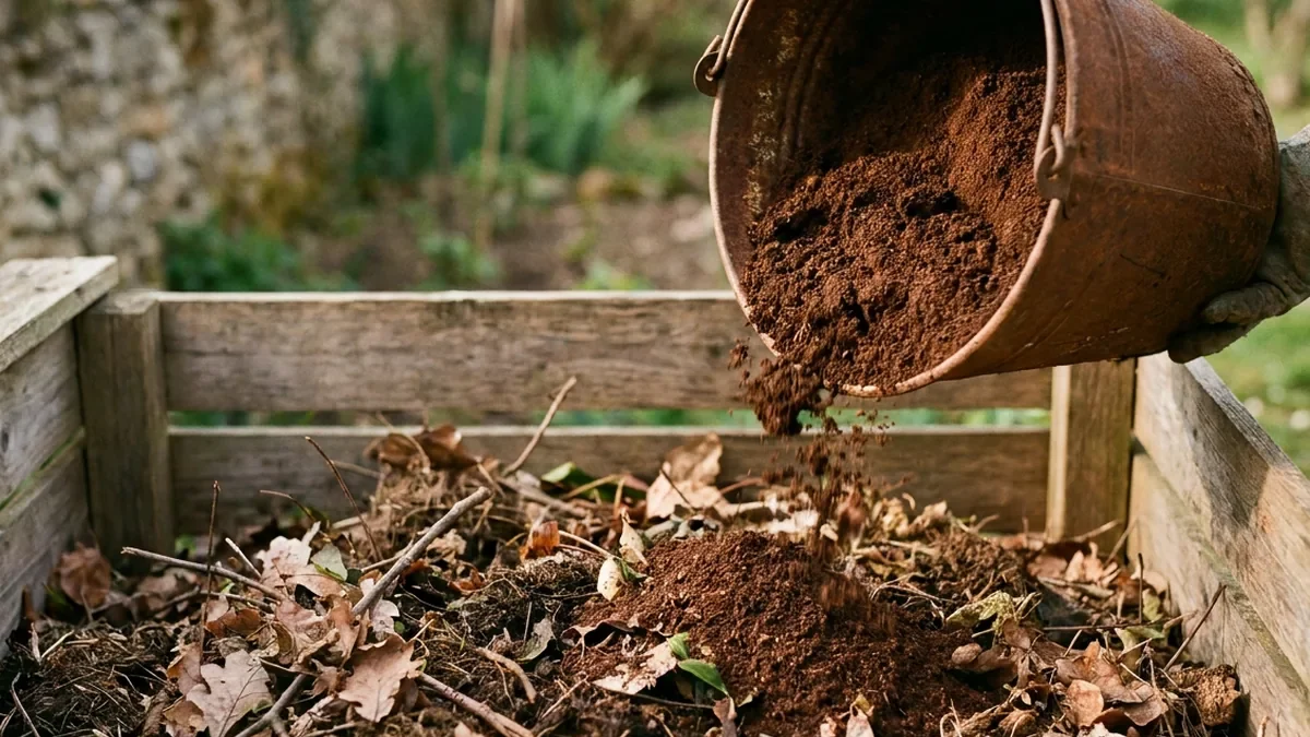 Seau de marc de café versé sur un tas de compost dans un composteur en bois, feuilles mortes visibles
