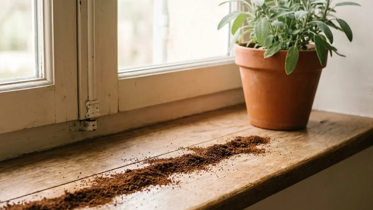 Ligne de marc de café déposée le long du rebord d'une fenêtre en bois, plante en pot de terre cuite à côté