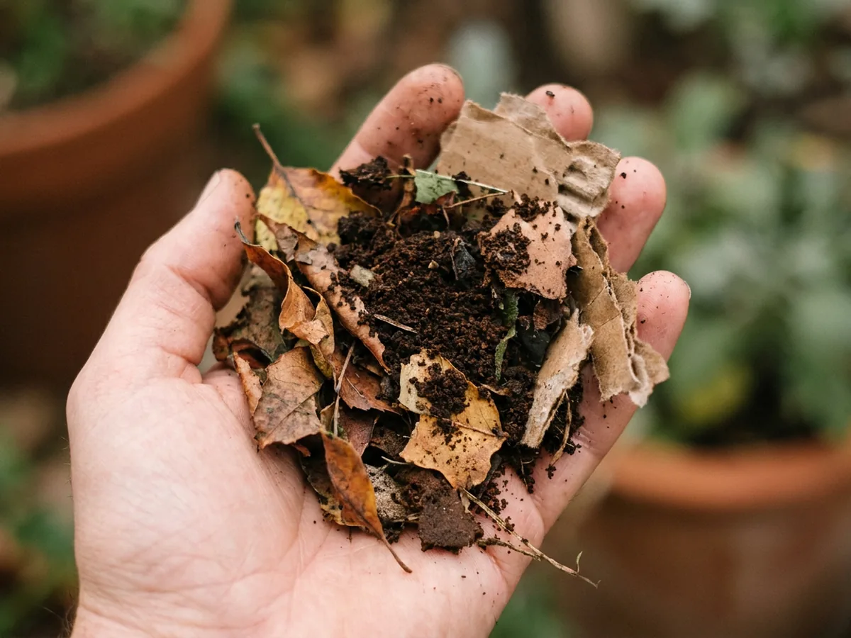 Marc de café mélangé à des feuilles mortes et du carton brun déchiré dans une main