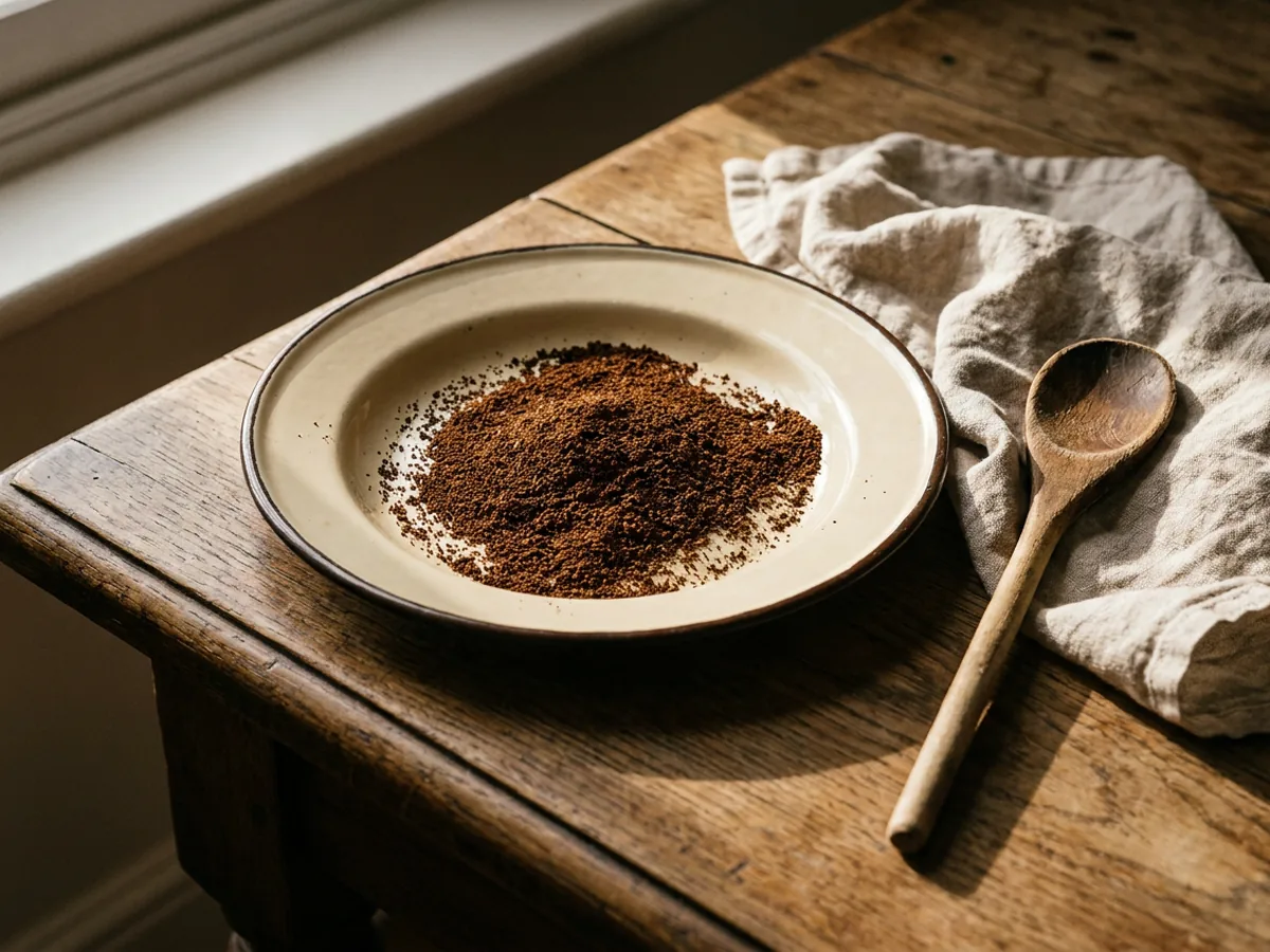 Marc de café étalé en couche fine sur une plaque émaillée posée sur une table en chêne patiné, une cuillère en bois à côté