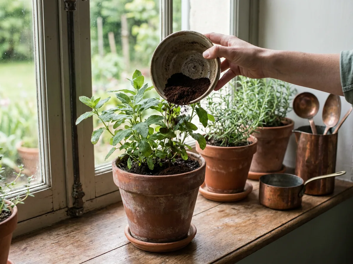 Main versant du marc de café au pied d'une plante verte en pot de terre cuite, sur un rebord de fenêtre en bois ancien