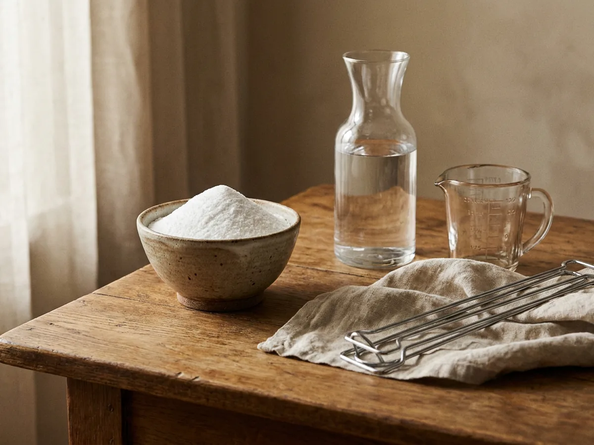Nature morte de matériel d'entretien sur une table en chêne patiné, un bol de poudre blanche d'acide citrique, une carafe d'eau claire, un pichet gradué et un porte-dosette démonté