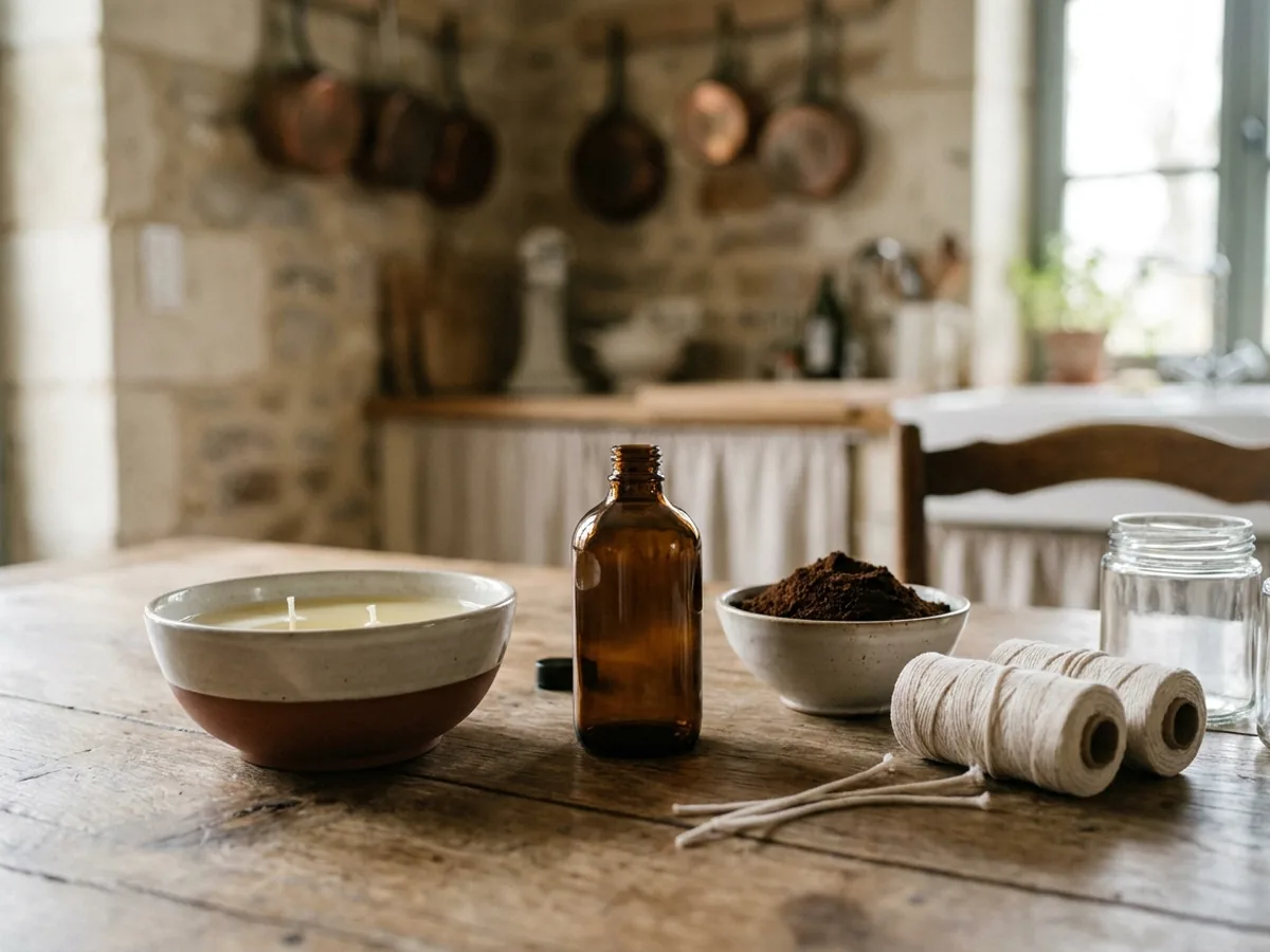 Matériel de fabrication de bougie sur une table en chêne : cire, fragrance, marc, mèches et pots