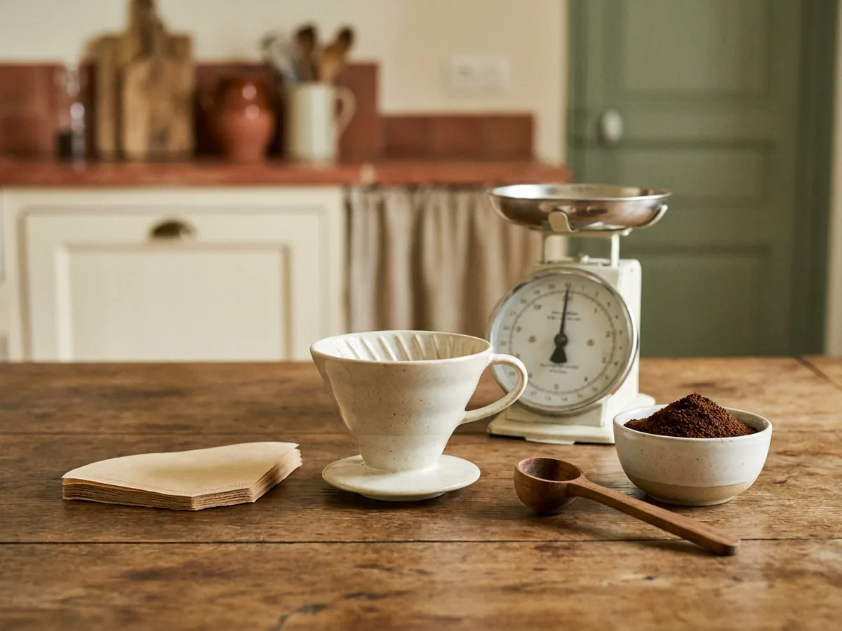 Matériel du slow coffee sur une table en chêne : dripper, filtres, balance et cuillère doseuse