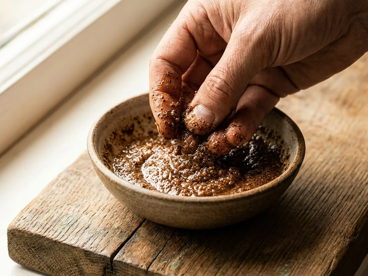Main mélangeant du marc de café et de l'huile de coco fondue dans un petit bol en grès, la pâte brune brillante et granuleuse bien visible