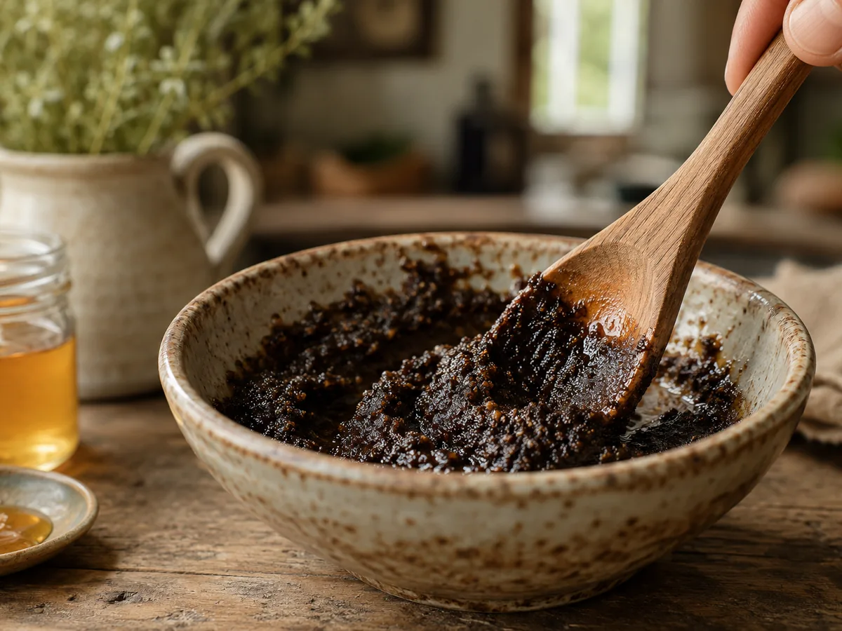 Mélange de marc de café, miel et sucre dans un bol avec une cuillère