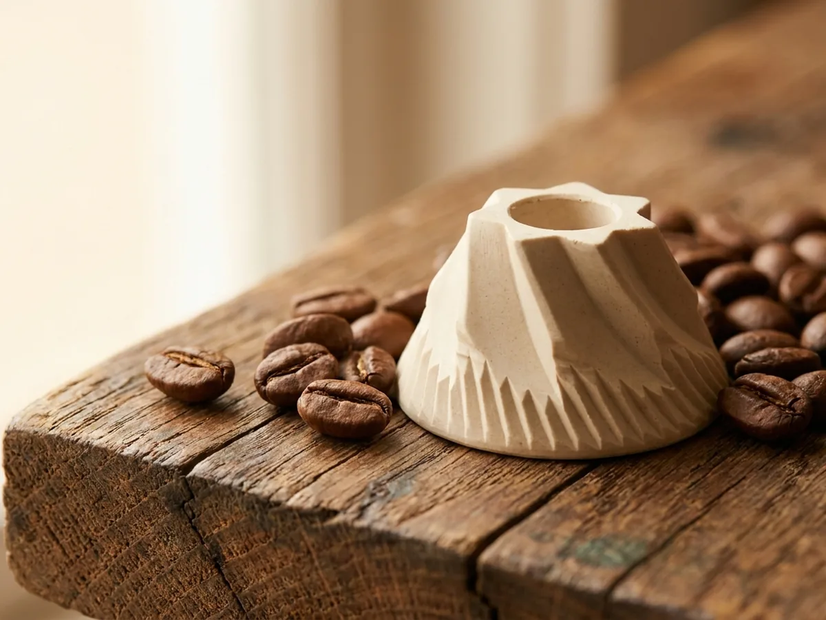 Meules coniques en céramique claire posées à côté de grains de café torréfiés